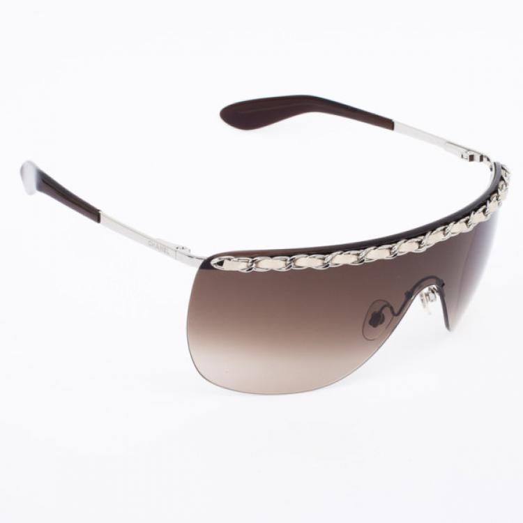 Chanel White Leather Trim Shield Sunglasses 4160-Q - Yoogi's Closet