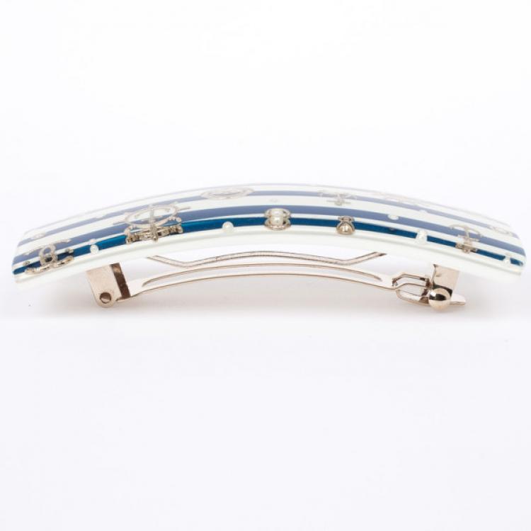 Pre Owned Chanel Blue and White Striped Hair Clip