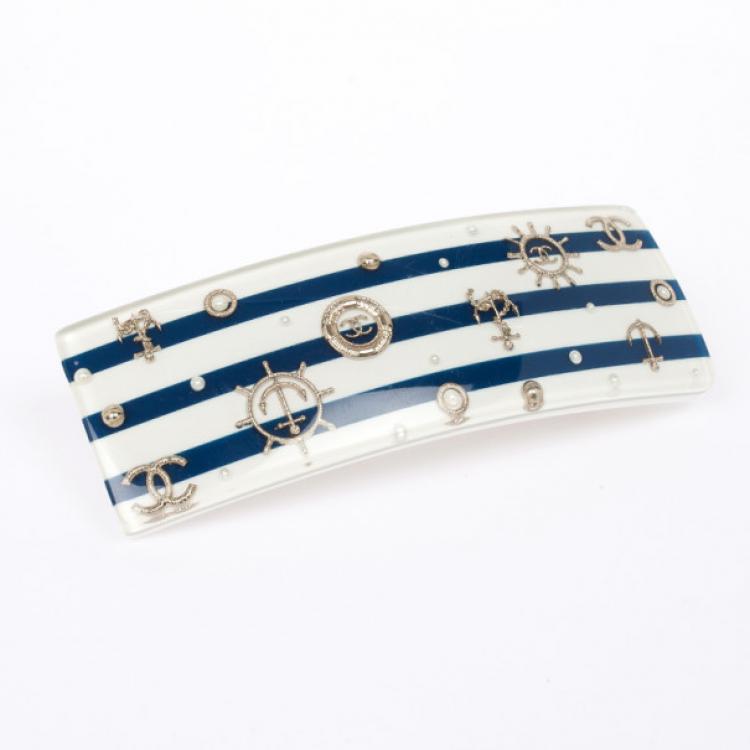Pre Owned Chanel Blue and White Striped Hair Clip