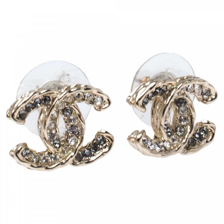Chanel CC Logo Crystal Gold Tone Stud Earrings Chanel