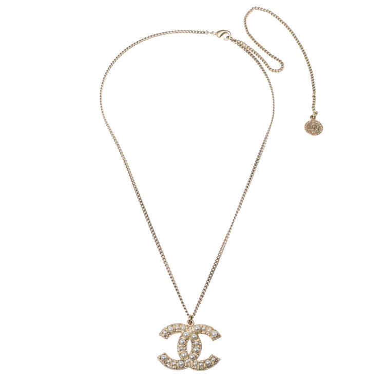 Chanel 100 Anniversary CC Faux Pearl Crystal Gold Tone Pendant Necklace  Chanel