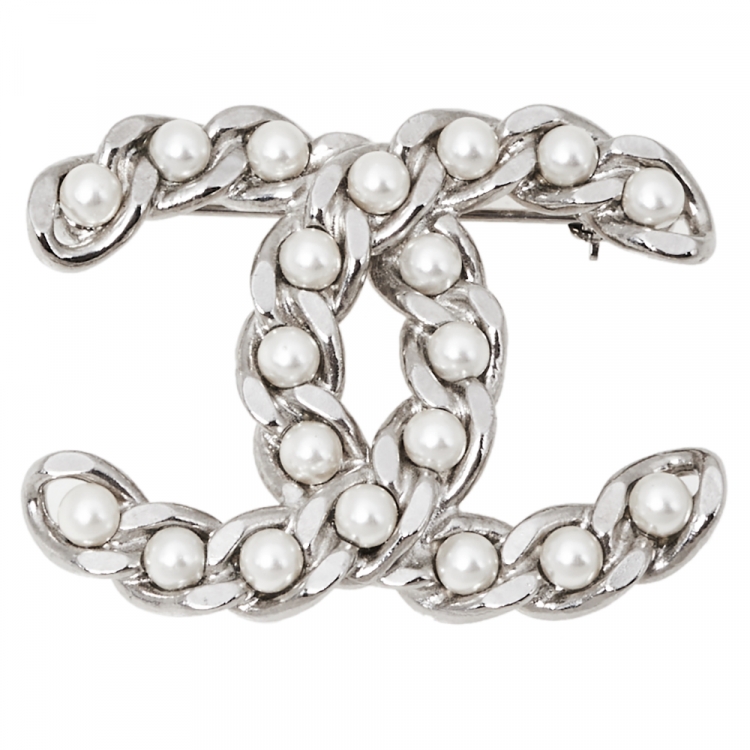 Chanel CC Faux Pearl Silver Tone Pin Brooch Chanel | The Luxury Closet