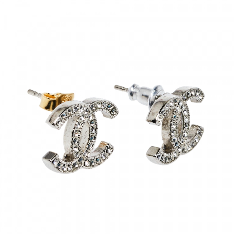 Chanel CC Silver Tone Crystal Stud Earrings Chanel