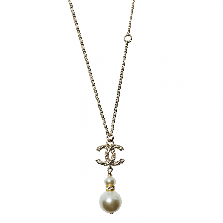 CHANEL Crystal Pearl Twisted CC Drop Necklace Gold 1307555