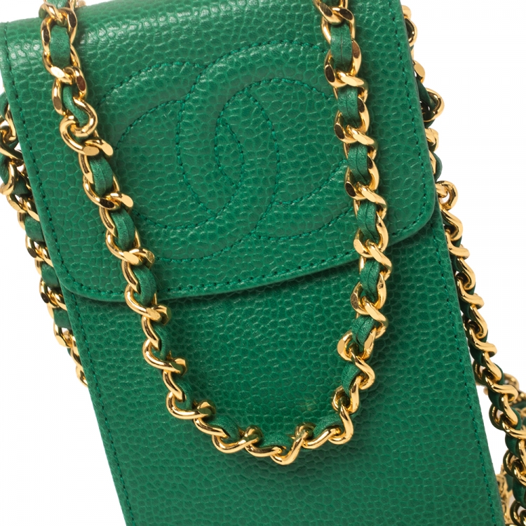 Pre Owned Chanel Green Caviar Leather CC Crossbody Phone Case