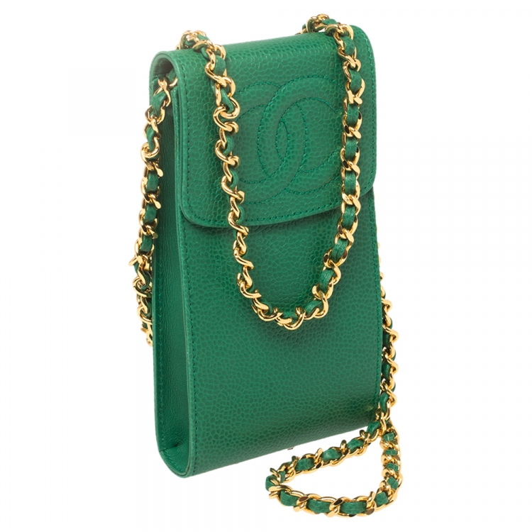 Pre Owned Chanel Green Caviar Leather CC Crossbody Phone Case