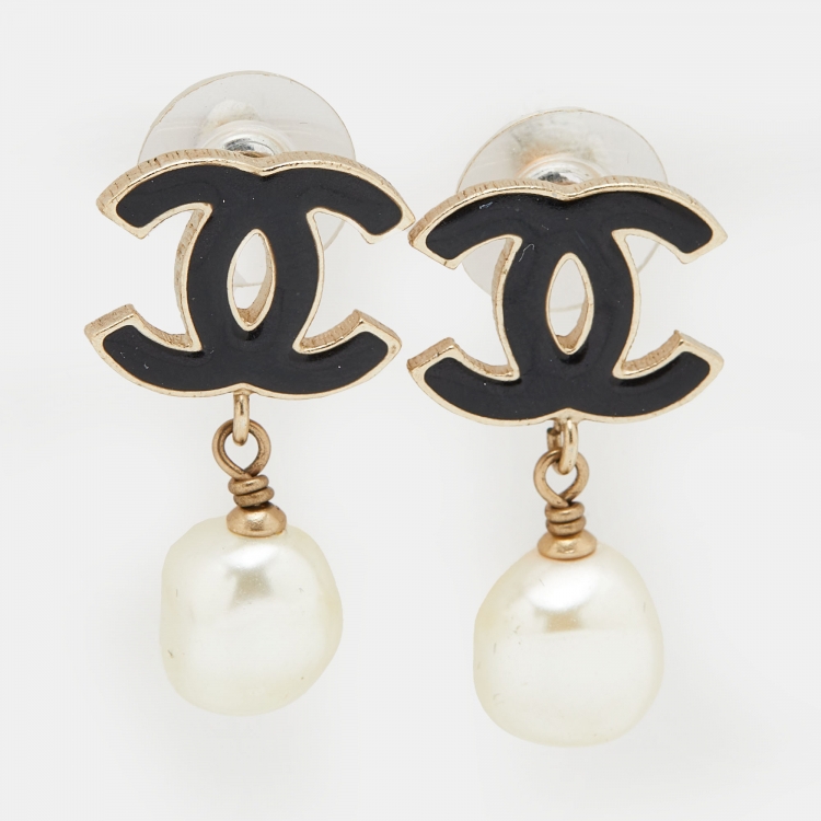 Chanel Black Enamel CC Faux Pearl Drop Earrings Chanel | The Luxury Closet