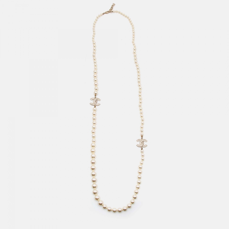 Chanel CC Crystals Faux Pearl Gold Tone Long Necklace Chanel | The Luxury  Closet