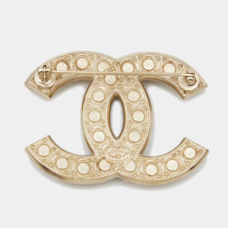Chanel CC Faux Pearl Crystals Gold Tone Pin Brooch Chanel