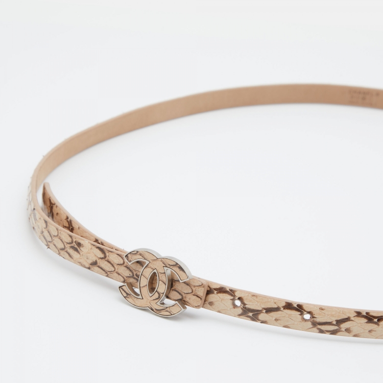 Pre Owned Chanel Beige/Brown Snakeskin Leather Thin CC Buckle Belt 75 CM