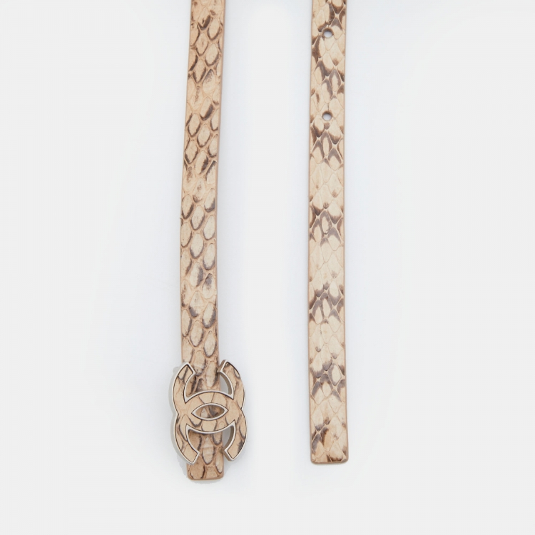 Pre Owned Chanel Beige/Brown Snakeskin Leather Thin CC Buckle Belt 75 CM