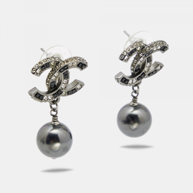 Chanel Gunmetal Tone Crystal CC Grey Bead Drop Earrings Chanel