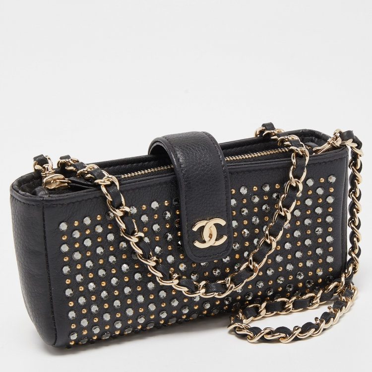 Pre Owned Chanel Black Leather Crystals Embellished O-Phone Holder Chain Pouch
