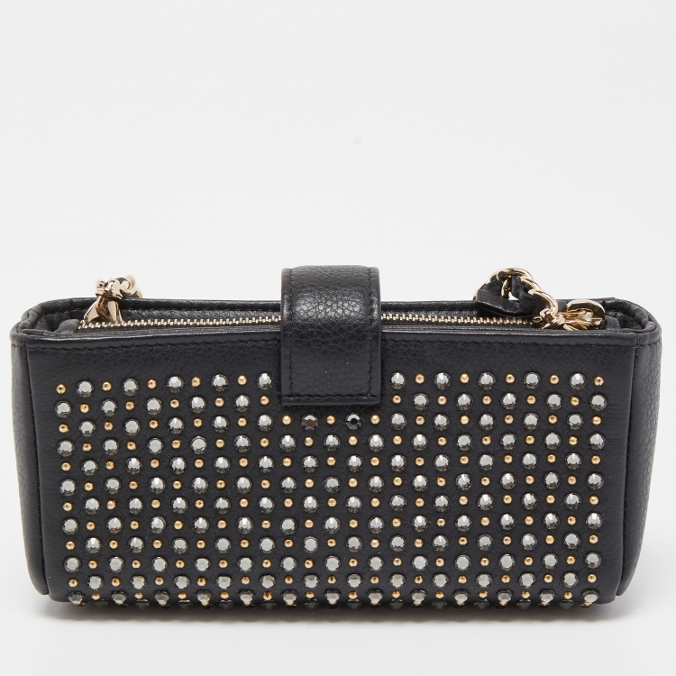 Pre Owned Chanel Black Leather Crystals Embellished O-Phone Holder Chain Pouch