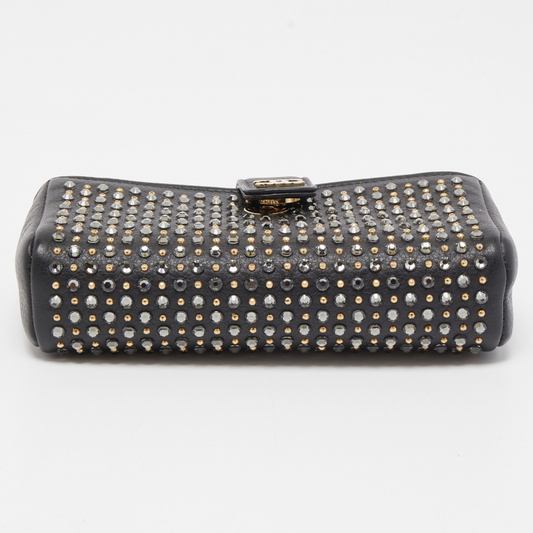 Pre Owned Chanel Black Leather Crystals Embellished O-Phone Holder Chain Pouch