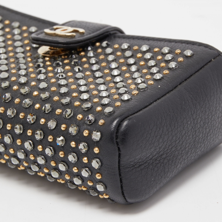 Pre Owned Chanel Black Leather Crystals Embellished O-Phone Holder Chain Pouch