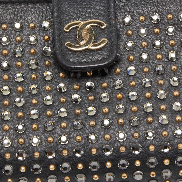 Pre Owned Chanel Black Leather Crystals Embellished O-Phone Holder Chain Pouch
