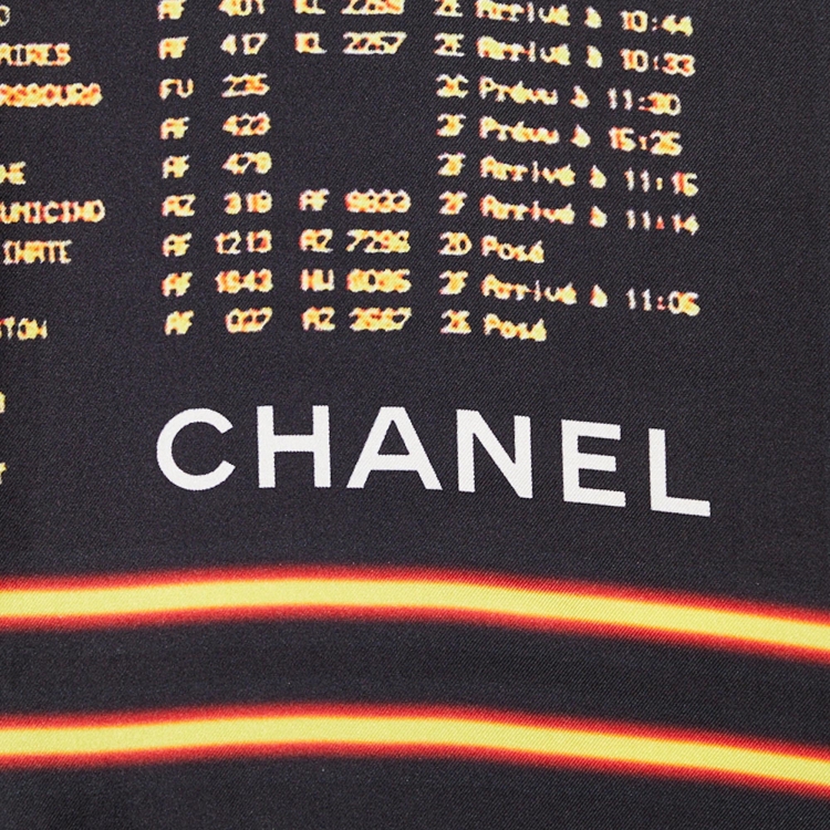 Pre Owned Chanel Black Departures Board Printed Silk Square Scarf