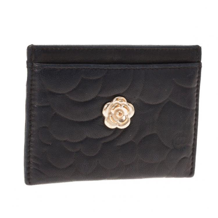 Pre Owned Chanel Black Camellia Embossed Card Holder