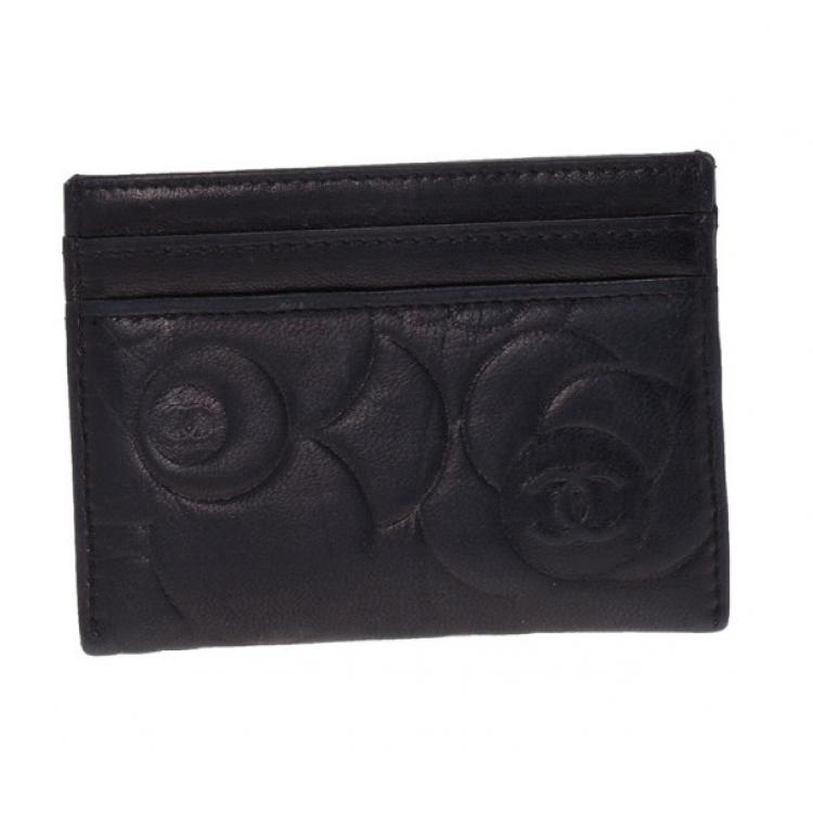 Pre Owned Chanel Black Camellia Embossed Card Holder