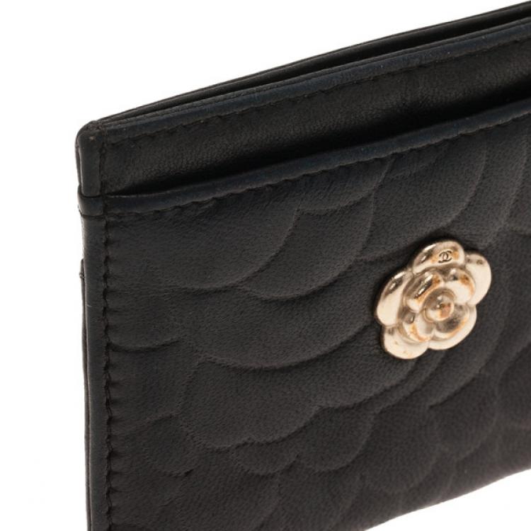 Pre Owned Chanel Black Camellia Embossed Card Holder