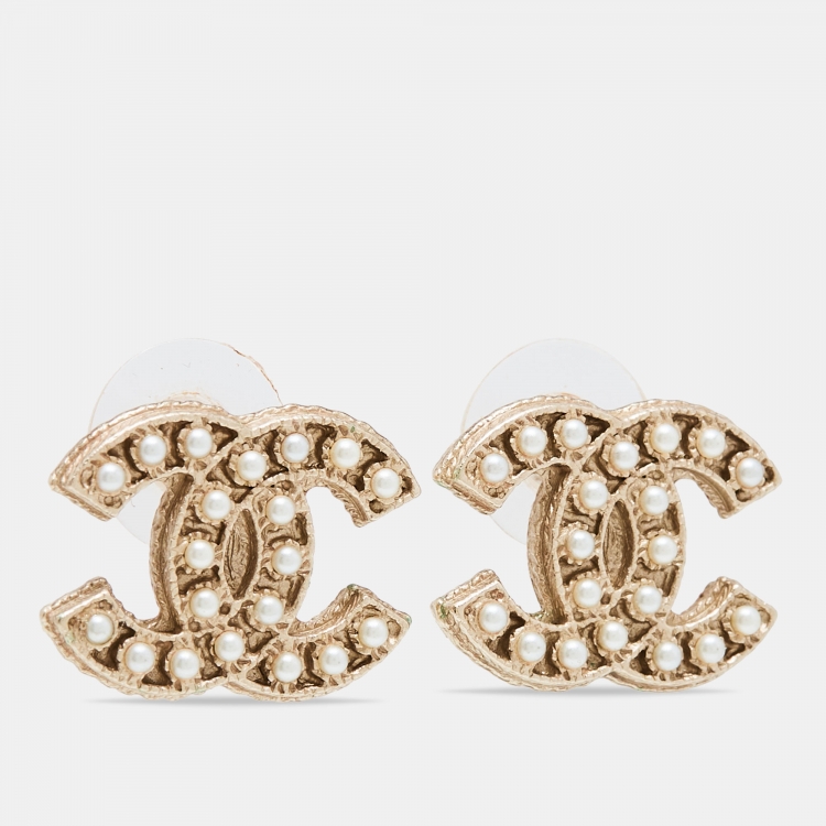 CHANEL Crystal Studded CC Earrings Gold 1290778 | FASHIONPHILE