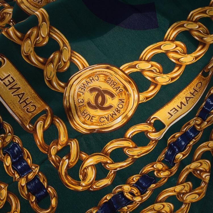 Pre Owned Chanel Green CC Chain Link Print Square Scarf