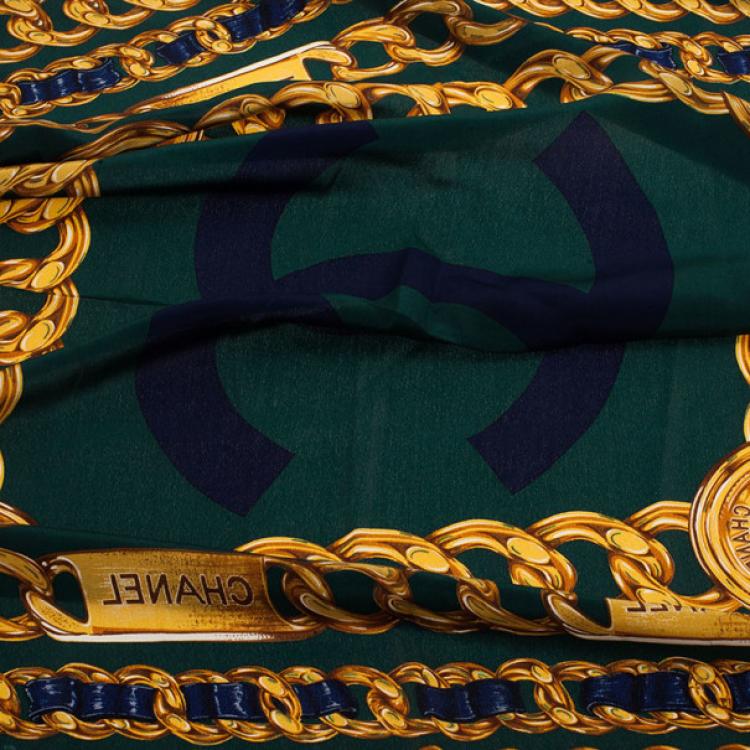 Pre Owned Chanel Green CC Chain Link Print Square Scarf