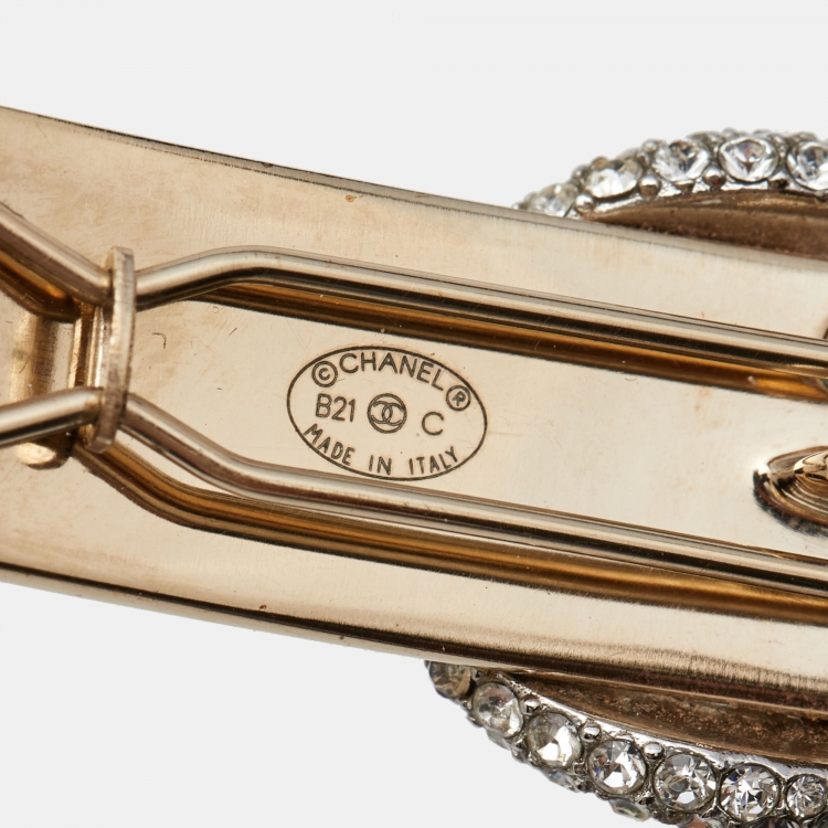 Pre Owned Chanel Crystal Embellished CC Gold Tone Hair Clip Barrette