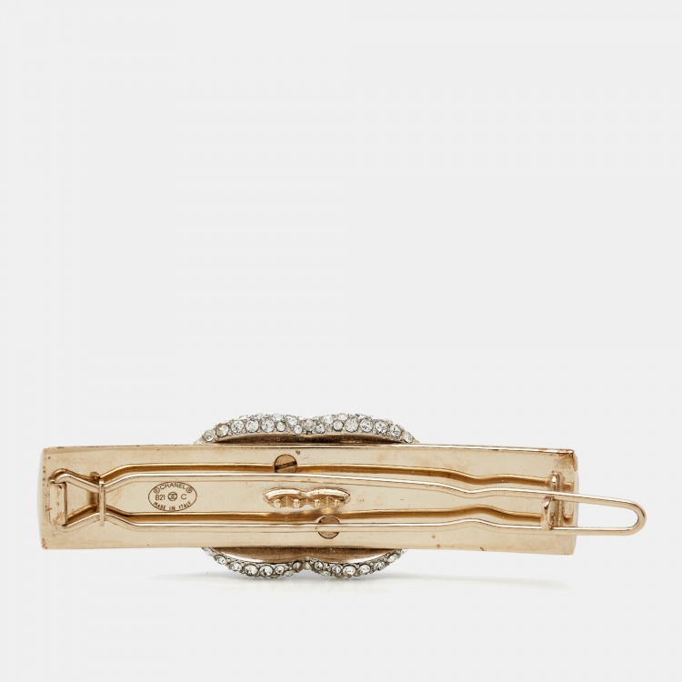 Pre Owned Chanel Crystal Embellished CC Gold Tone Hair Clip Barrette