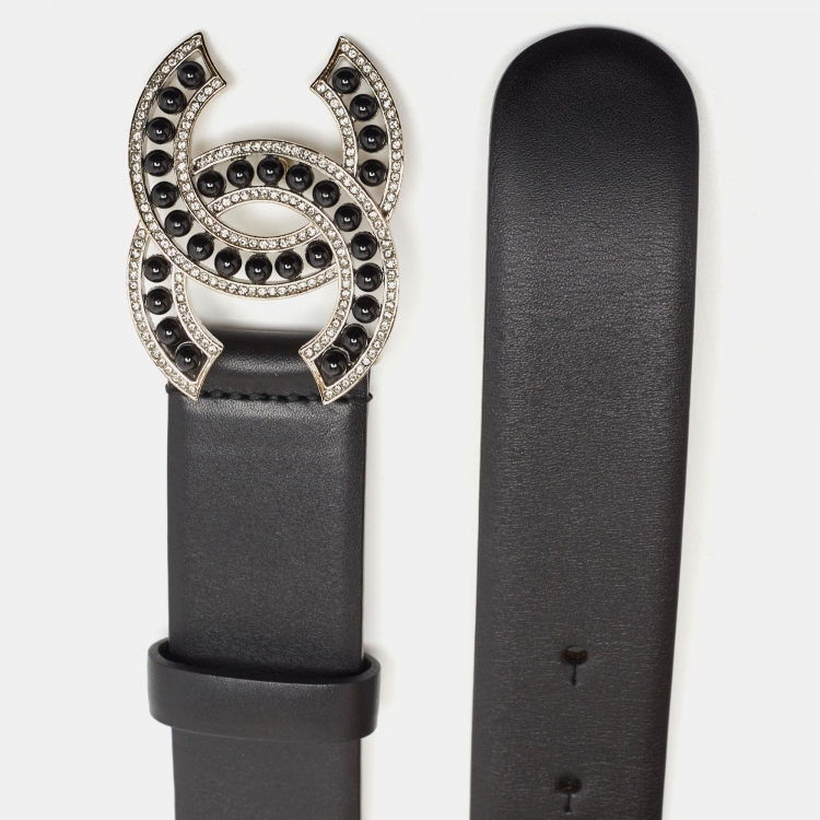 Pre Owned Chanel Black Leather Crystal and Beads CC Buckle Belt 100CM