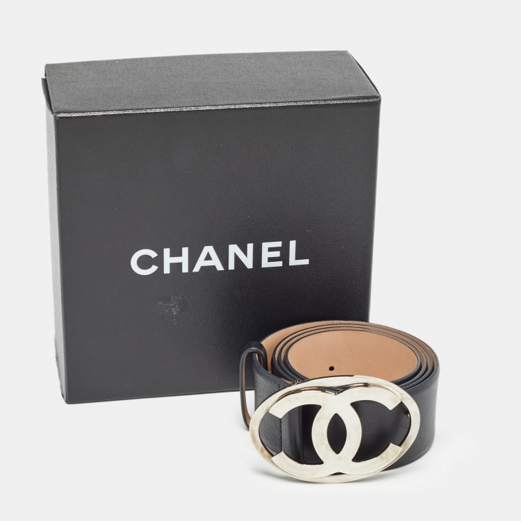 Pre Owned Chanel Black Leather CC Oval Wide Belt 95CM