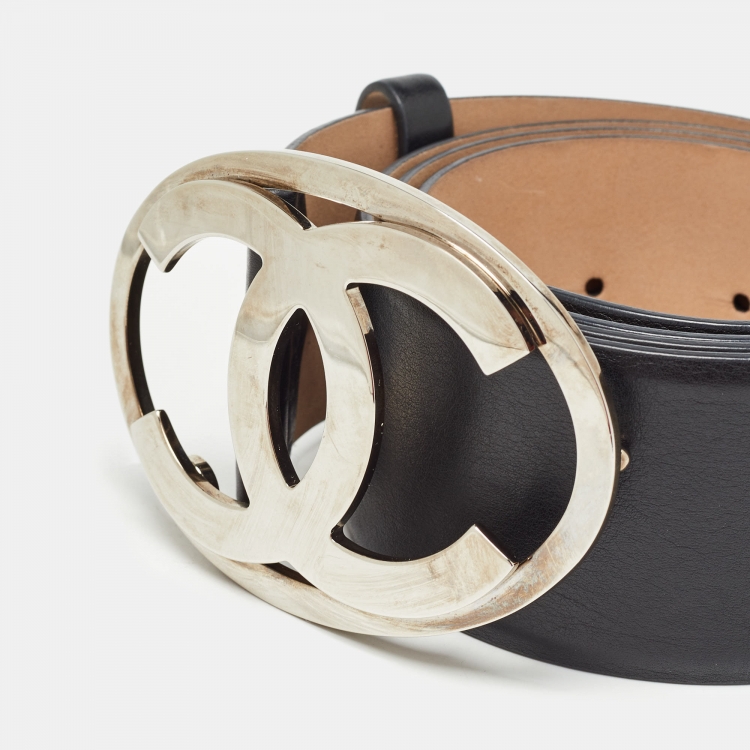 Pre Owned Chanel Black Leather CC Oval Wide Belt 95CM