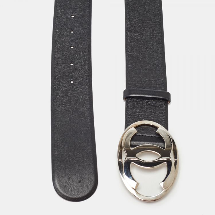 Pre Owned Chanel Black Leather CC Oval Wide Belt 95CM