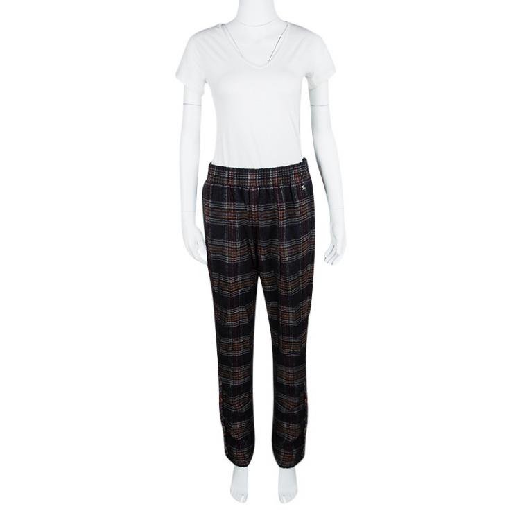 Pre Owned Chanel Black Tartan Plaid Elasticized Waist Braid Applique Detail Pants M