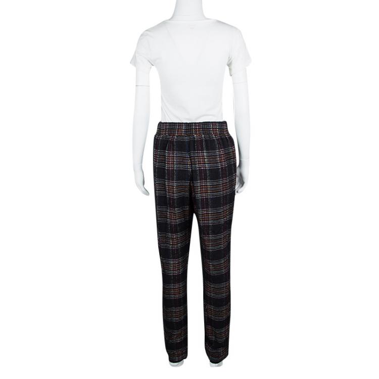 Pre Owned Chanel Black Tartan Plaid Elasticized Waist Braid Applique Detail Pants M