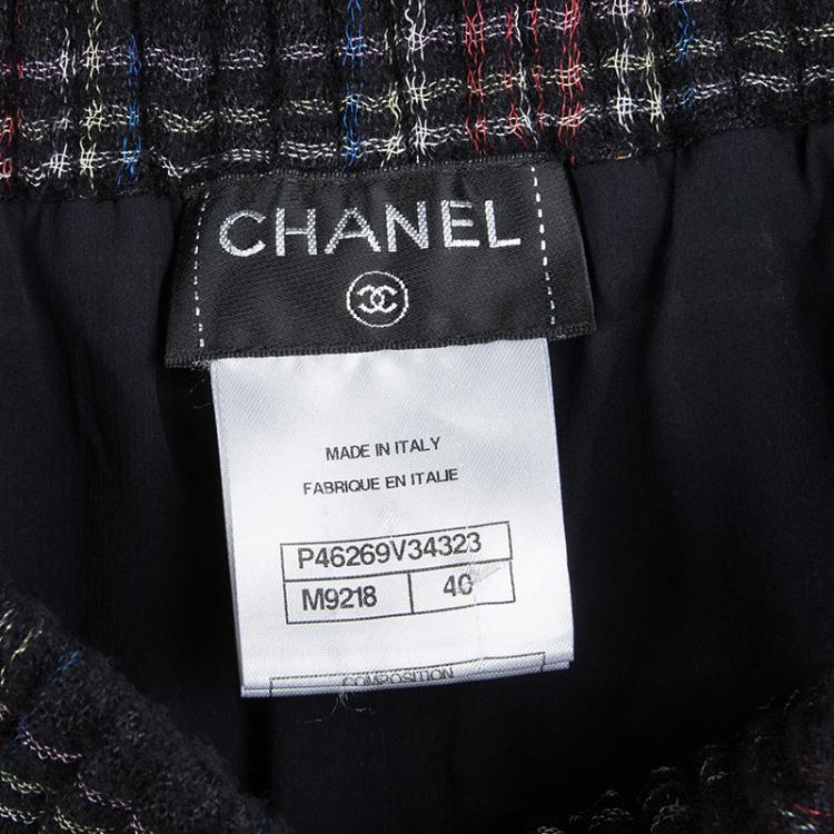 Pre Owned Chanel Black Tartan Plaid Elasticized Waist Braid Applique Detail Pants M