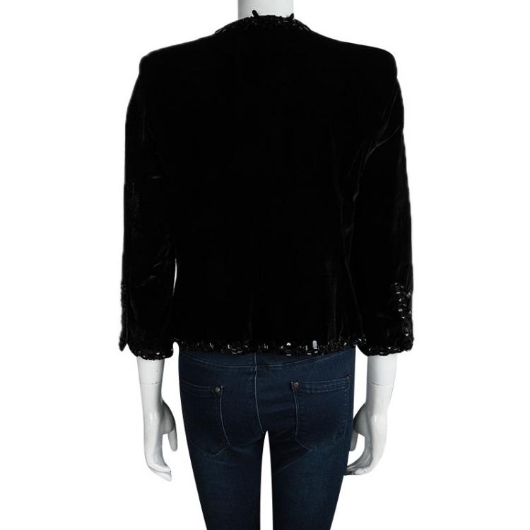 Pre Owned Chanel Black Velvet Trim Embellished Boucle Jacket XXL