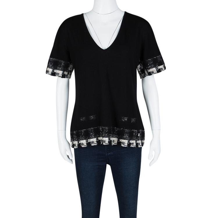 Chanel Black Cashmere Textured Trim V-Neck Short Sleeve Sweater XL Chanel