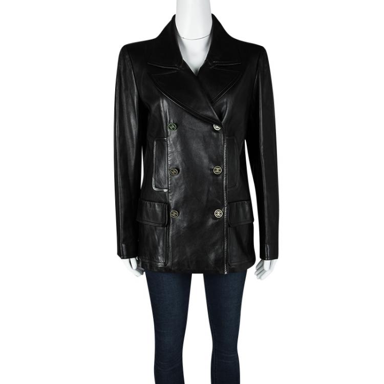 Pre Owned Chanel Black Lambskin Leather Double Breasted Coat M