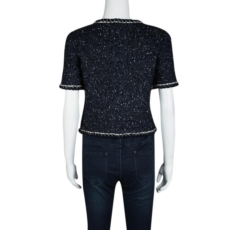 Pre Owned Chanel Navy Blue Textured Short Sleeve Jacket S