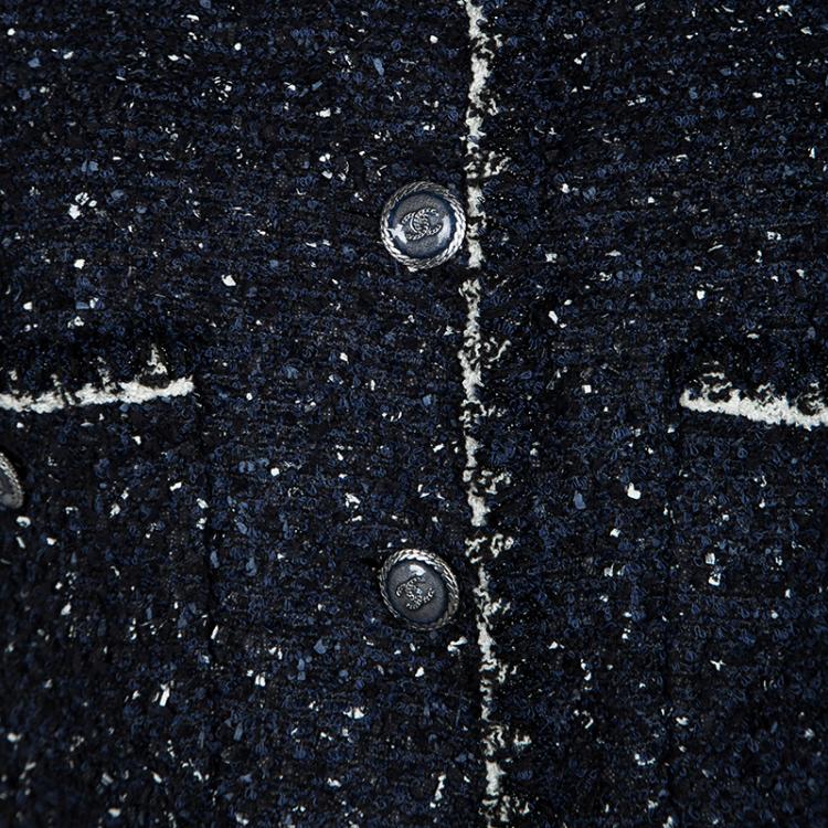 Pre Owned Chanel Navy Blue Textured Short Sleeve Jacket S