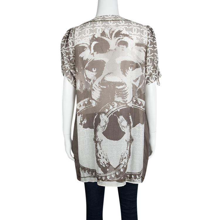 Pre Owned Chanel Brown and White Lion Printed Cold Shoulder Tie Detail Top L