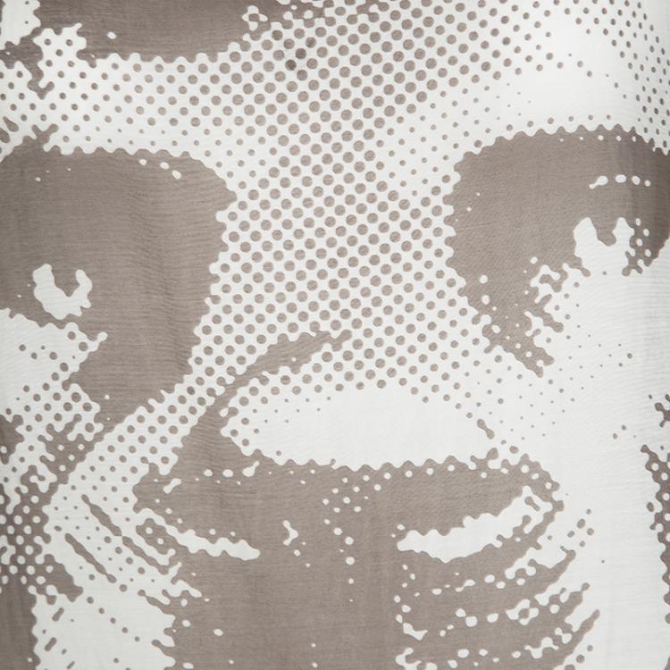 Pre Owned Chanel Brown and White Lion Printed Cold Shoulder Tie Detail Top L
