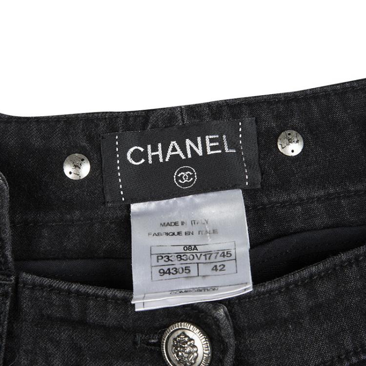 Pre Owned Chanel Black Denim Frayed Bottom High Waist Jeans L