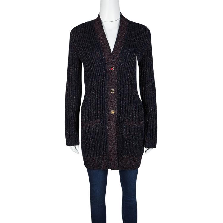 Pre Owned Chanel Navy Blue Lurex Rib Knit Button Front Cardigan S