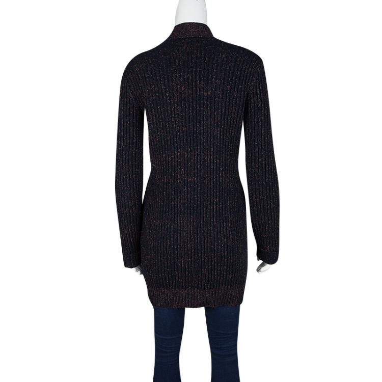 Pre Owned Chanel Navy Blue Lurex Rib Knit Button Front Cardigan S
