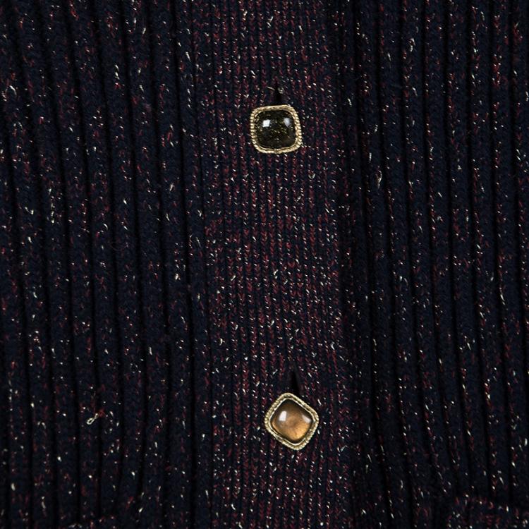 Pre Owned Chanel Navy Blue Lurex Rib Knit Button Front Cardigan S