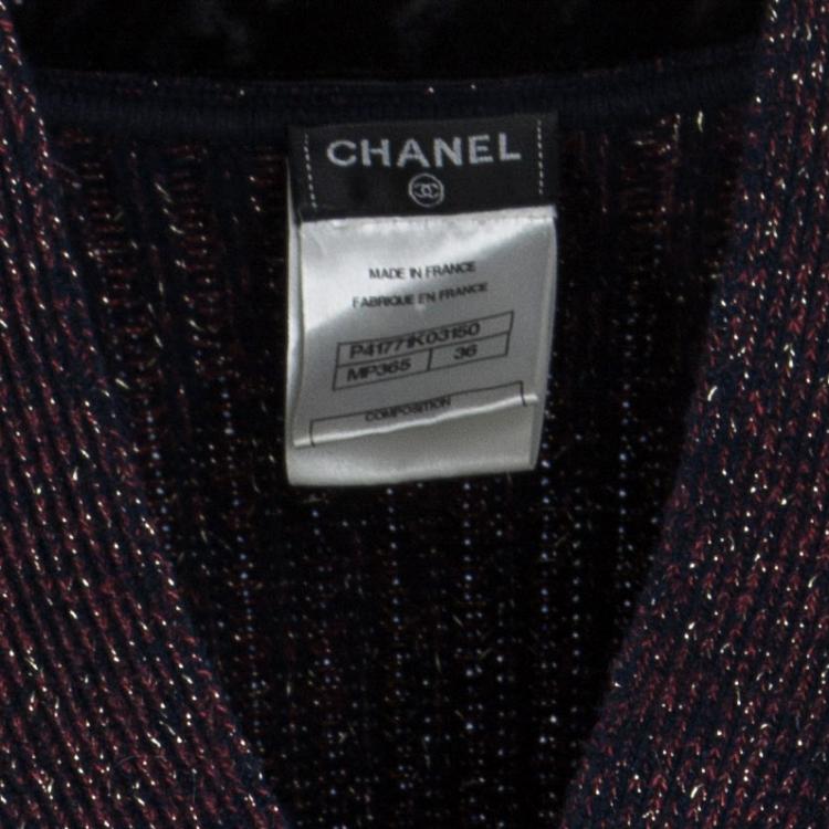 Pre Owned Chanel Navy Blue Lurex Rib Knit Button Front Cardigan S