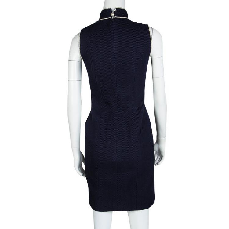 مملوكة مسبقًا Chanel Navy Blue Textured Pearl Embellished Sleeveless Dress S